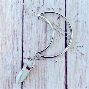 Silver Crescent Moon with White Howlite Gemstone Crystal Barrette Hair Clip NWOT